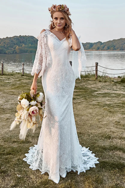 Boho Mermaid Cold Shoulder Cape Sleeve V Back Sweep Train Wedding Dress