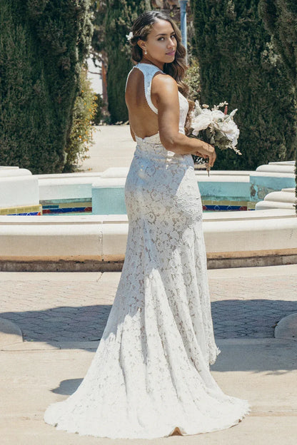 Boho Mermaid Cold Shoulder Sleeveless Open Back Sweep Train Wedding Dress