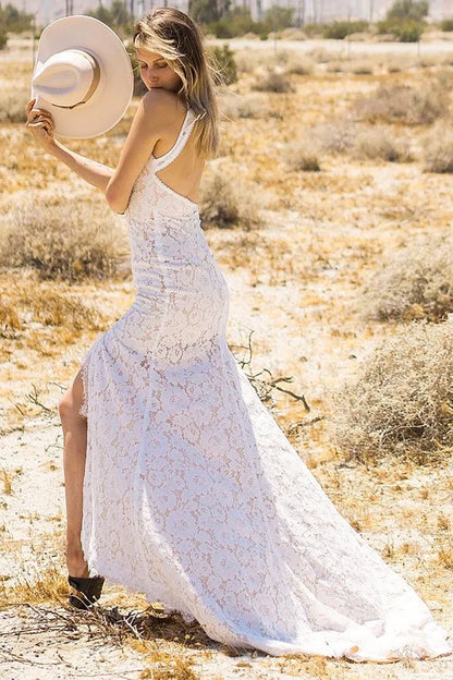 Boho Mermaid Cold Shoulder Sleeveless Open Back Sweep Train Wedding Dress