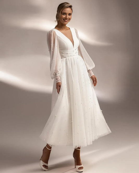 Boho Wedding Dress Long Sleeve Tulle Pearl Bridal Party Dress Deep V-Neck Bridal Gown Evening Prom Dress A Line Tea Length Wedding Dress