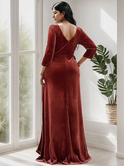 Plus Size Velvet Plunging V-Neck Front Slit 34 Sleeve Evening Dress
