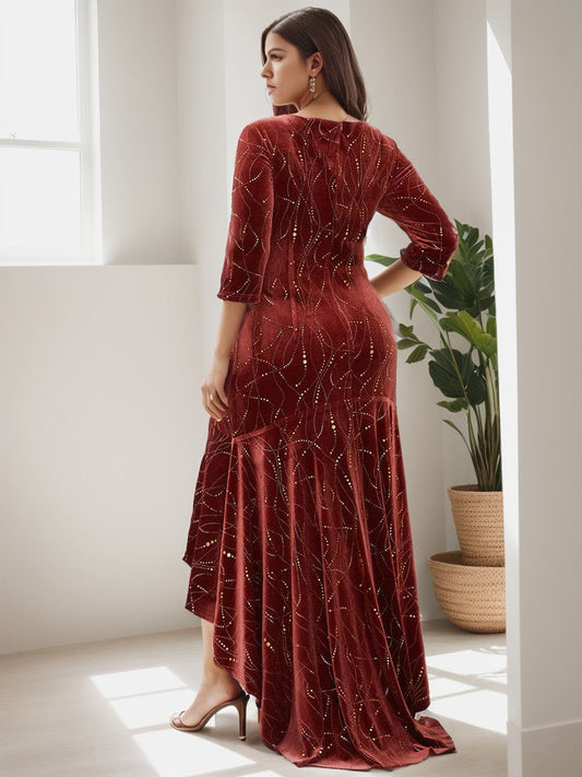 Elegant Plus Size Bodycon High-Low Formal Velvet Party Dress