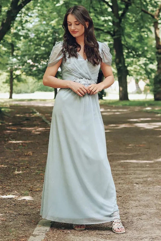 A-Line Chiffon Cap Sleeve Long Bridesmaid Dress ﻿