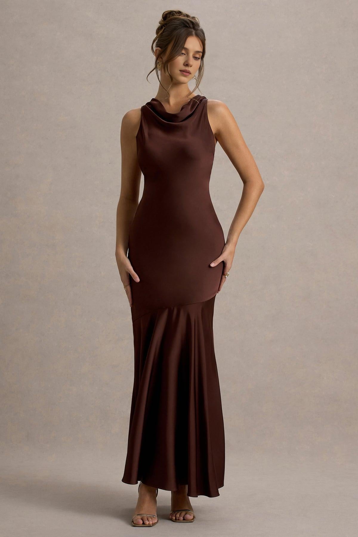 Dress Lemon Satin Cowl-Neck Maxi Dress Bridesmaid Dress Low Backless Floor Length Sheath Prom Dress