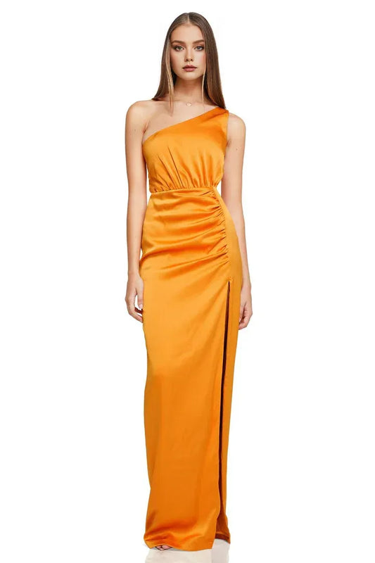 Budget Sheath/Column One Shoulder Sleeveless Satin Floor-Length Prom Dress