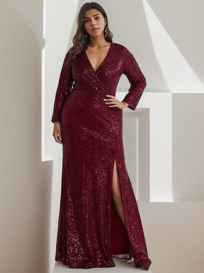 Plus Size Sexy Deep V-Neck Sequin Bodice Formal Evening Gowns