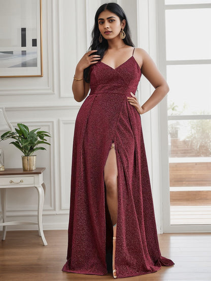 Plus Size Spaghetti Strap Shiny Formal Evening Dress for Wedding