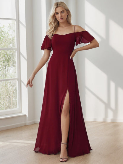 Chiffon Off-The-Shoulder Side Slit Bridesmaid Dress with sleeves