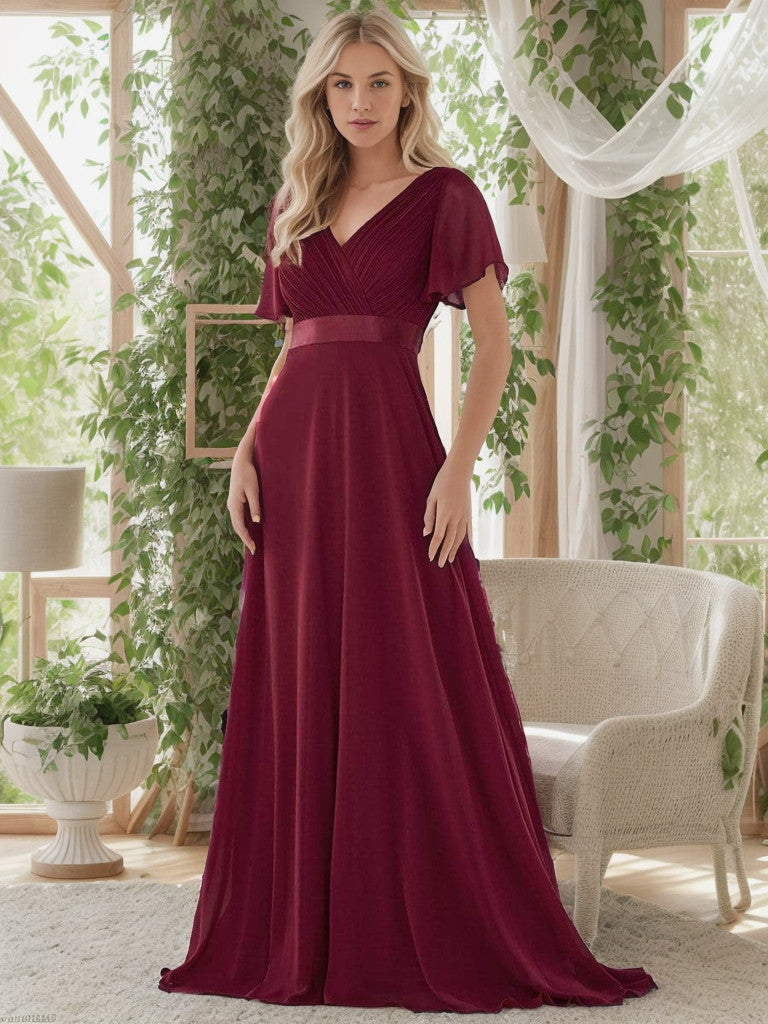 Long Chiffon Empire Waist Bridesmaid Dress with Short Flutter Sleeves