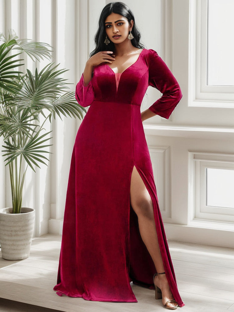 Plus Size Velvet Plunging V-Neck Front Slit 34 Sleeve Evening Dress