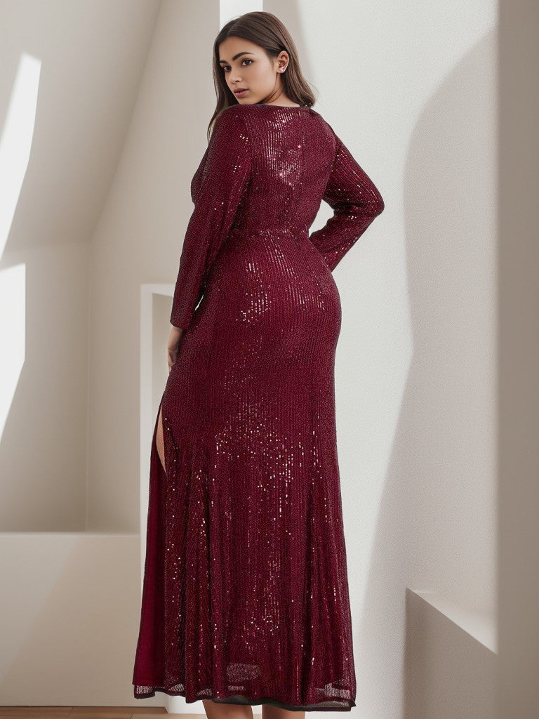Plus Size Sexy Deep V-Neck Sequin Bodice Formal Evening Gowns