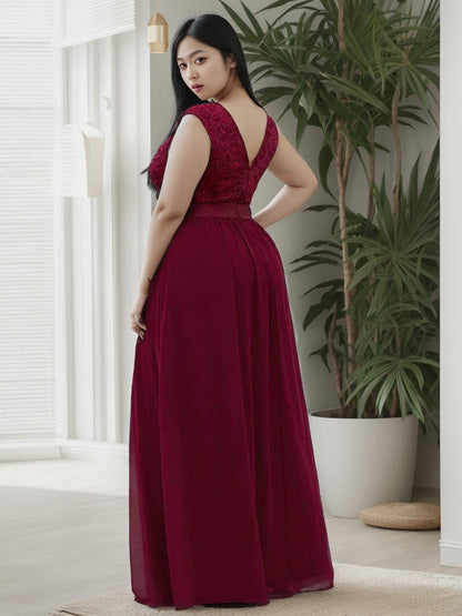 Plus Size Classic Round Neck V Back A-Line Chiffon Bridesmaid Dresses with Lace