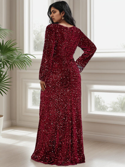 Plus Size Long Sleeve Sequin Front Slit Bodycon Evening Dress