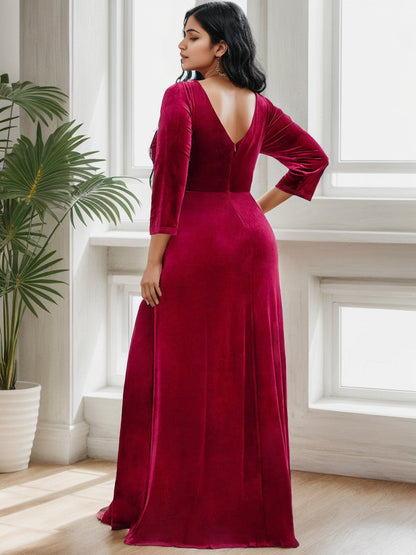 Plus Size Velvet Plunging V-Neck Front Slit 34 Sleeve Evening Dress