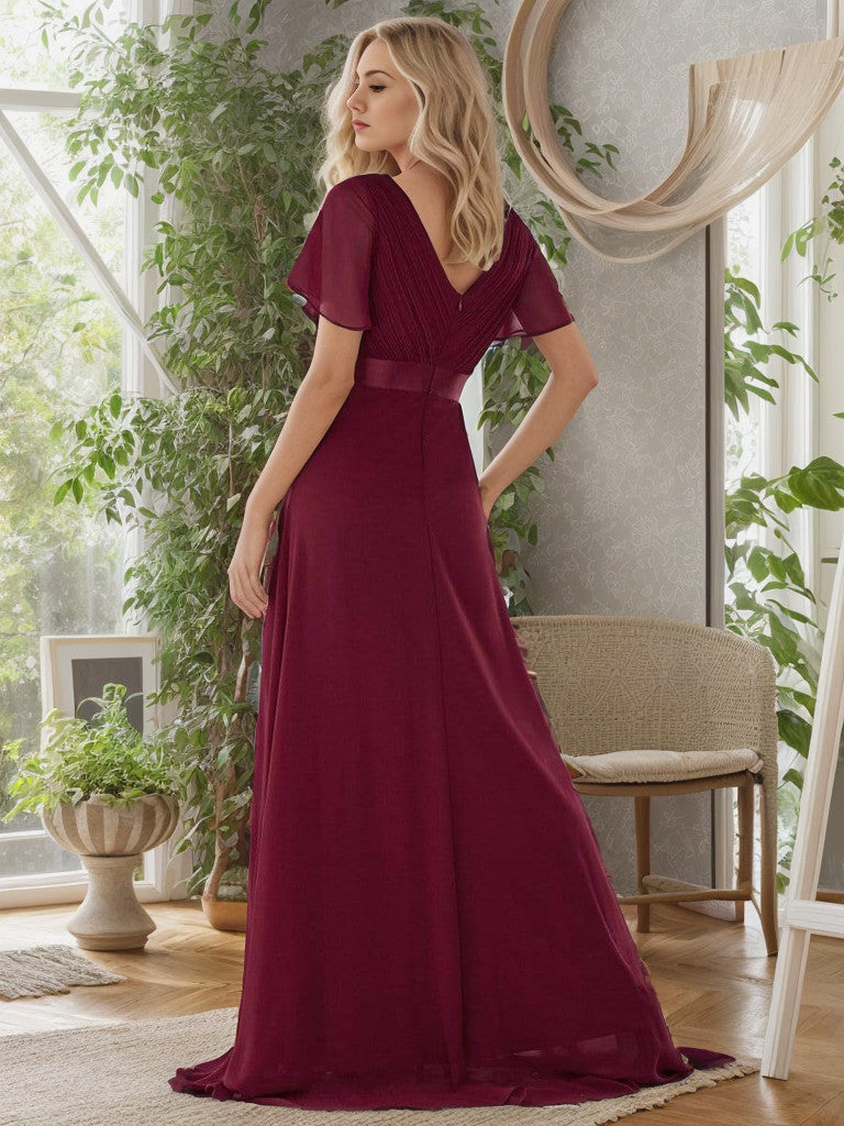 Long Chiffon Empire Waist Bridesmaid Dress with Short Flutter Sleeves