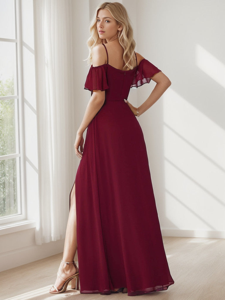 Chiffon Off-The-Shoulder Side Slit Bridesmaid Dress with sleeves