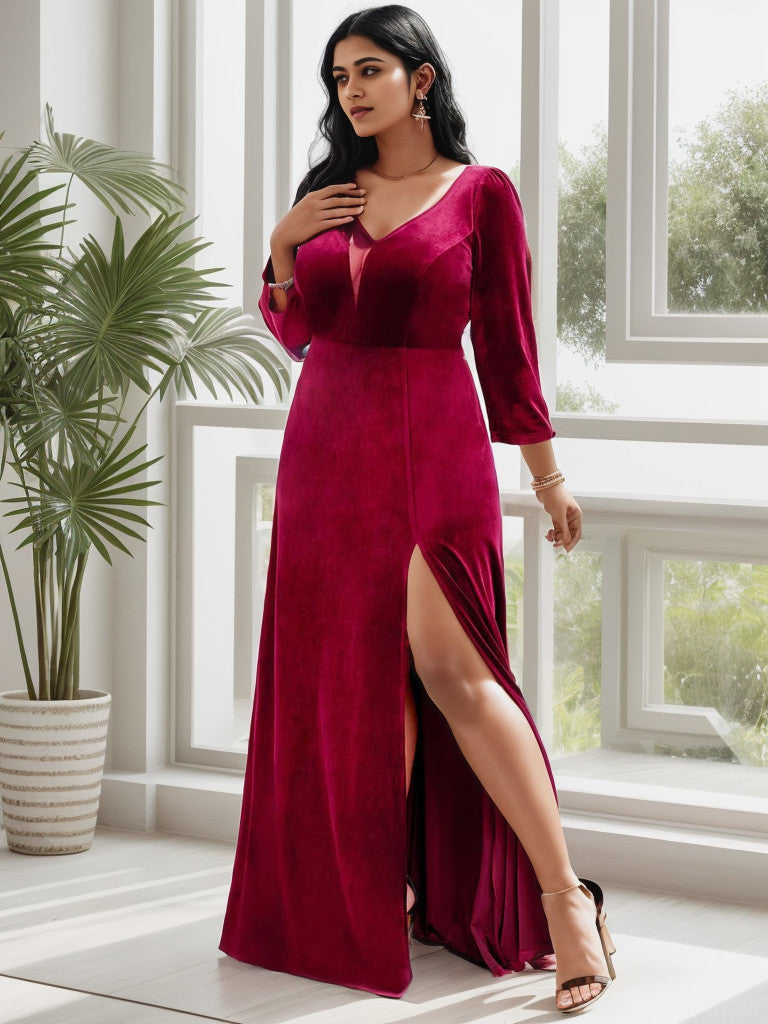Plus Size Velvet Plunging V-Neck Front Slit 34 Sleeve Evening Dress