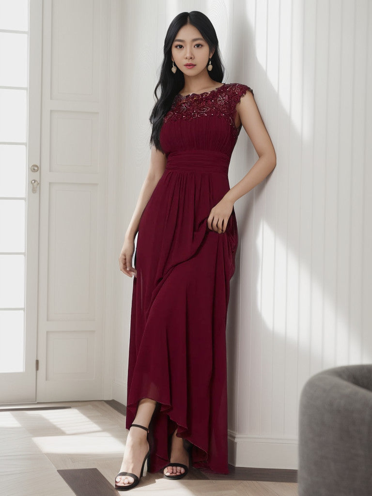 Maxi Lace Cap Sleeve Long Formal Evening Dress