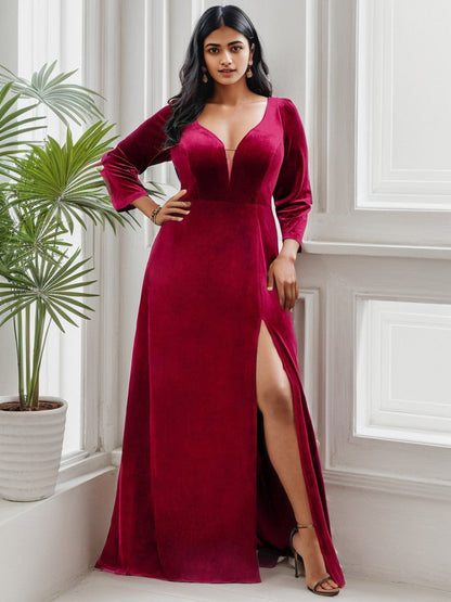 Plus Size Velvet Plunging V-Neck Front Slit 34 Sleeve Evening Dress