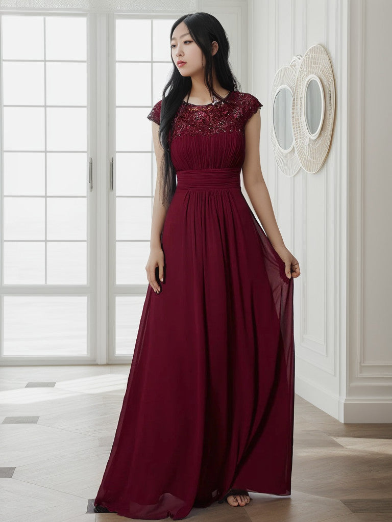 Maxi Lace Cap Sleeve Long Formal Evening Dress