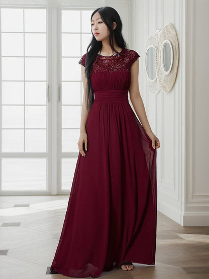 Maxi Lace Cap Sleeve Long Formal Evening Dress