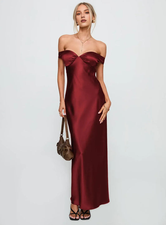 Satin Off - Shoulder Maxi Dress Hot Sale Long Prom Dresses