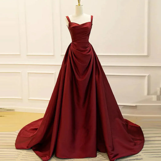 Burgundy Spaghetti Strap Ruched Corset Back Satin A-Line Train Prom Dress