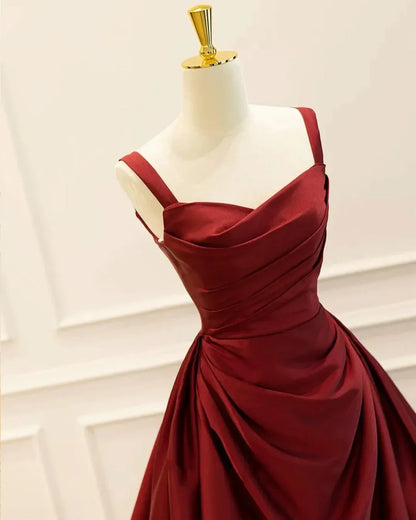 Burgundy Spaghetti Strap Ruched Corset Back Satin A-Line Train Prom Dress