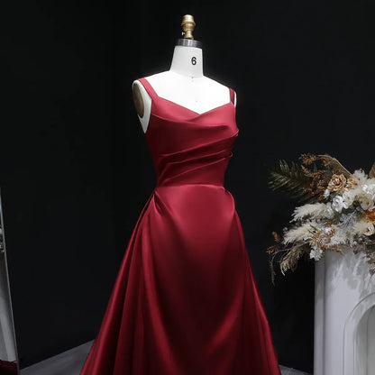 Burgundy Spaghetti Strap Ruched Corset Back Satin A-Line Train Prom Dress