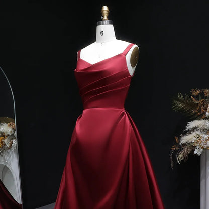 Burgundy Spaghetti Strap Ruched Corset Back Satin A-Line Train Prom Dress
