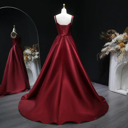 Burgundy Spaghetti Strap Ruched Corset Back Satin A-Line Train Prom Dress