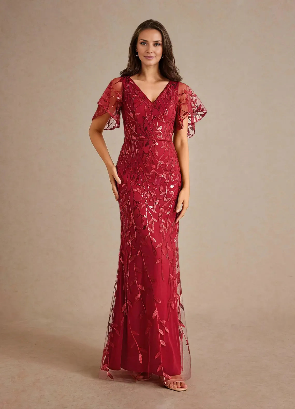 Dress Champagne Sheath Sequins Mother of the Groom Dresses Elegant V-Neck Flutter Sleeves Tulle Evening Dress