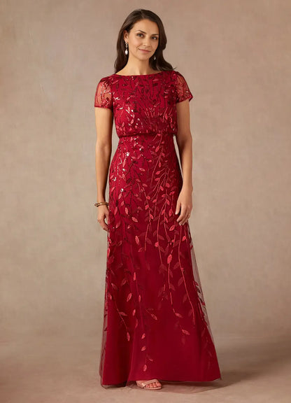 Dress Dark Navy A-Line Sequins Maxi Dress Elegant Boat Neck Short Sleeves Back Zip Mother of the Bride Dress