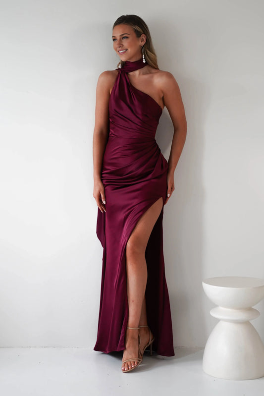 Dress Burgundy Satin Beauty One Shoulder Neck Halter Satin Ruched Bodice And A Show Stopping High Slit Prom Dress