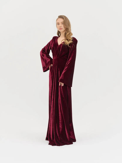 Burgundy Velvet A-line V Neck Long Sleeves Pleated Floor Length Bridesmaid Prom Party Dress
