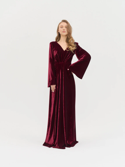 Burgundy Velvet A-line V Neck Long Sleeves Pleated Floor Length Bridesmaid Prom Party Dress