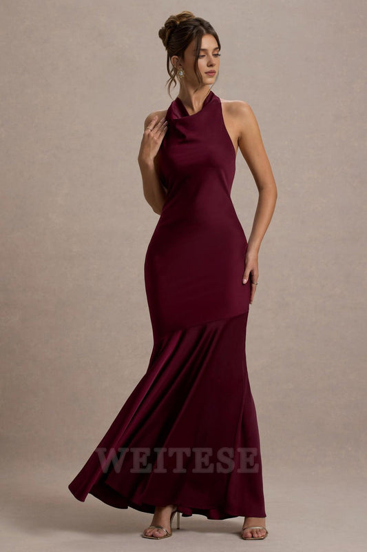 Dress Lemon Satin Cowl-Neck Maxi Dress Bridesmaid Dress Low Backless Floor Length Sheath Prom Dress