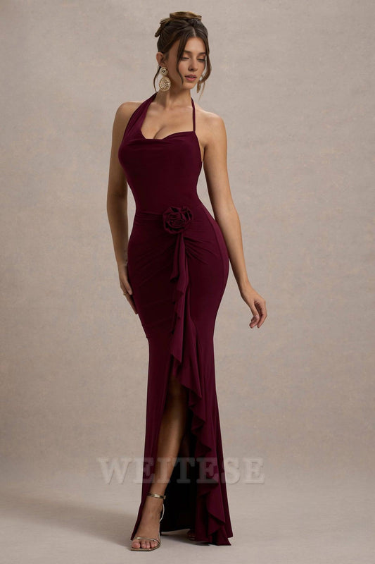Dress Powder Blue Cowl-Neck Wrap Maxi Dress With Floral Drape Bridesmaid Dress Spaghetti Straps Open Back Sexy Prom Dress