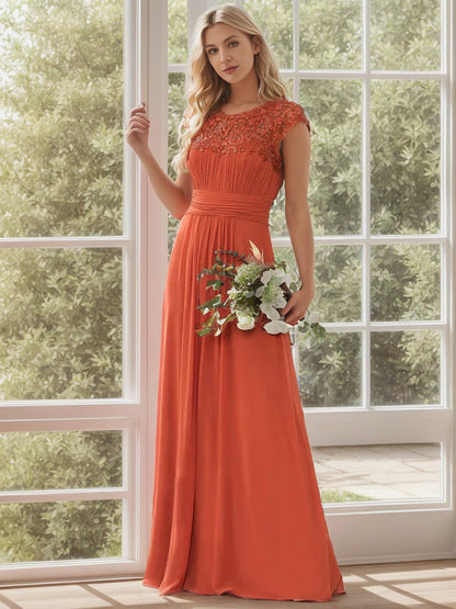 Classic Maxi Long Lace Cap Sleeve Bridesmaid Dress