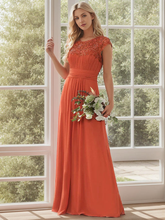 Classic Maxi Long Lace Cap Sleeve Bridesmaid Dress