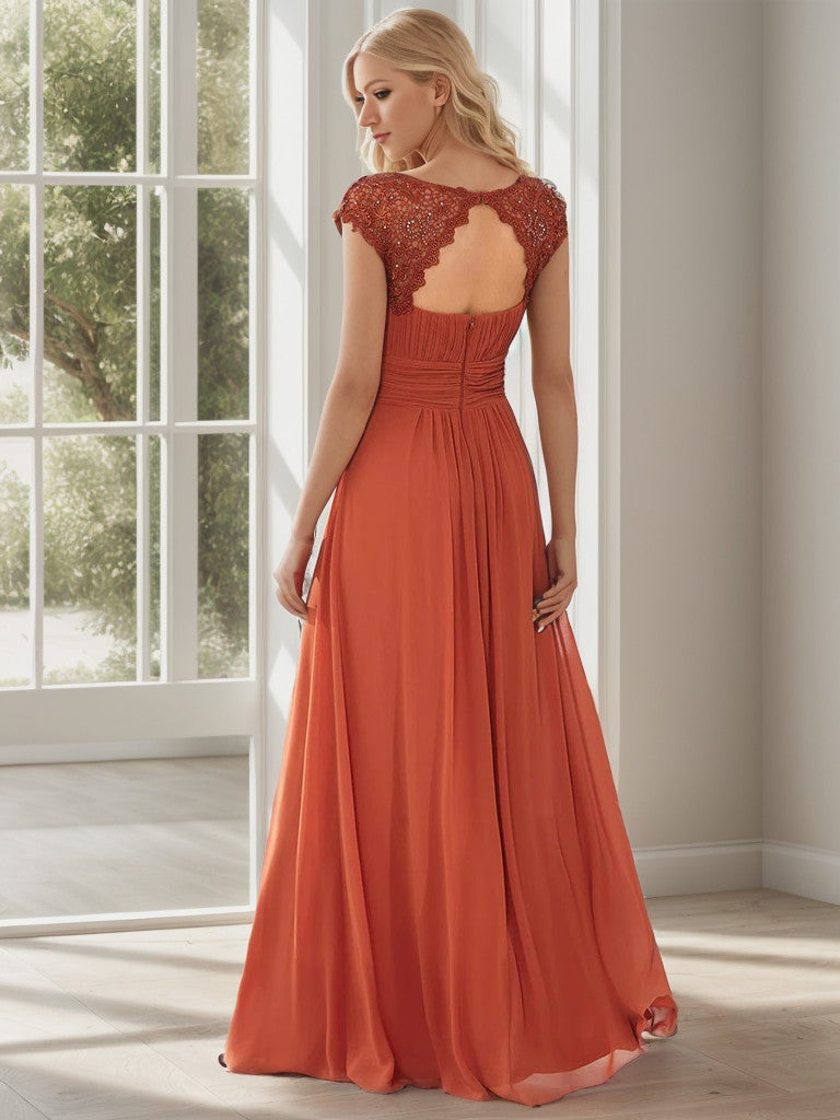 Classic Maxi Long Lace Cap Sleeve Bridesmaid Dress