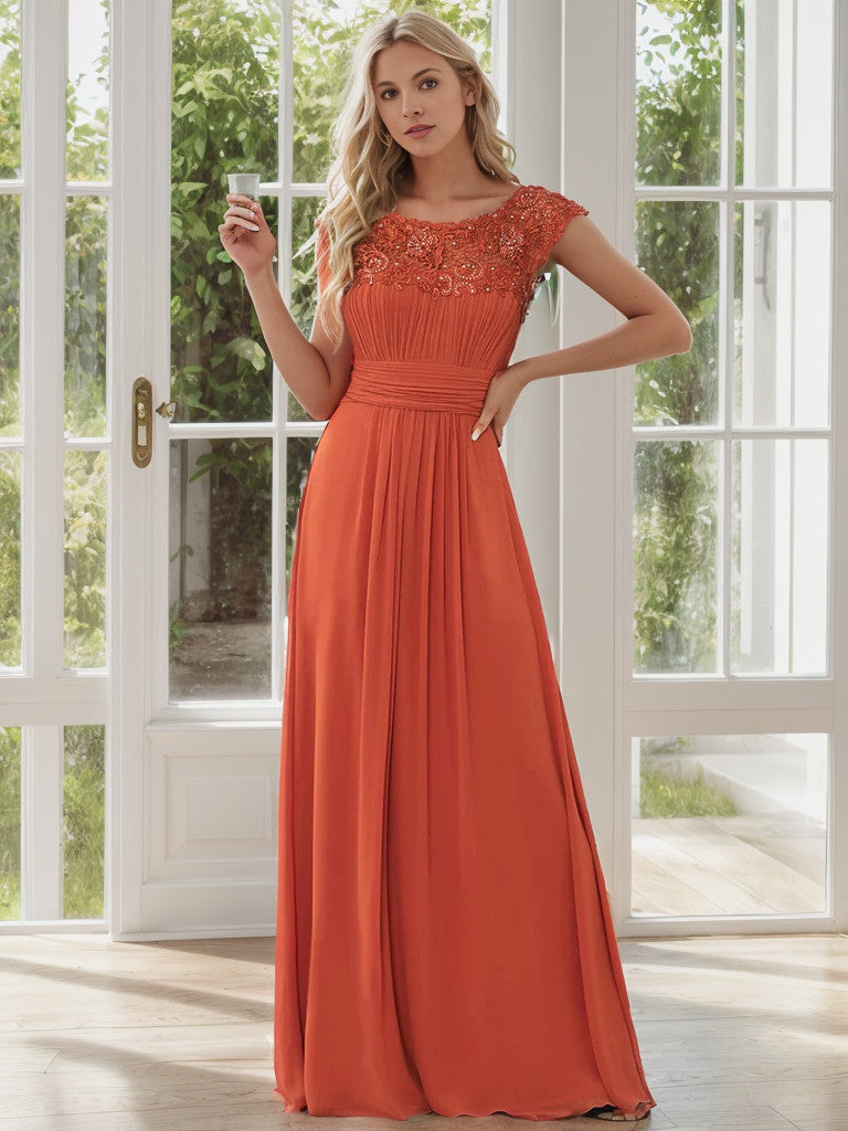 Classic Maxi Long Lace Cap Sleeve Bridesmaid Dress