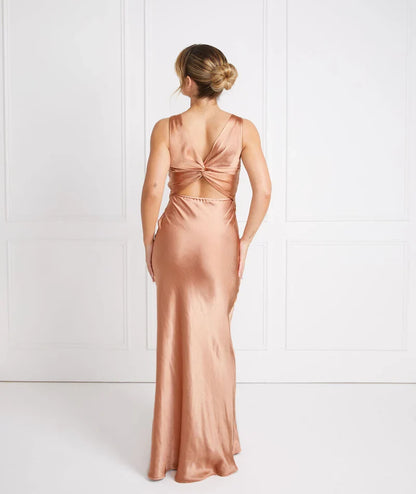 Dress Fashion Twist Back Satin Bridesmaid Dress Maxi Dress Solid Color Champagne Deep V Neck Column Prom Dress