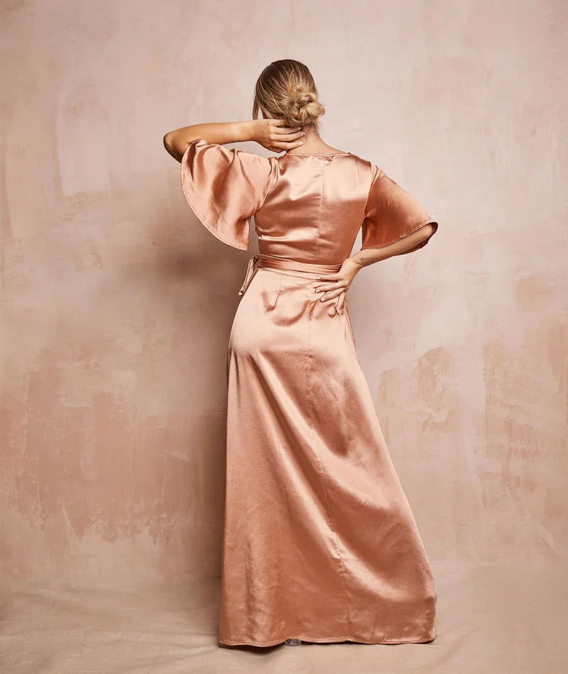 Dress Fashion Wrap Tie Satin Bridesmaid Dress Maxi Dress Solid Color Champagne Flutter Sleeve Column Prom Dress