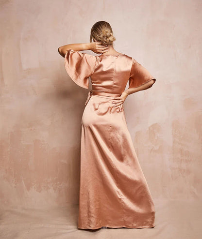 Dress Fashion Wrap Tie Satin Bridesmaid Dress Maxi Dress Solid Color Champagne Flutter Sleeve Column Prom Dress