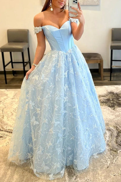 Butterfly Floor Length Light Blue Lace Off the Shoulder Lace Long Prom Dress
