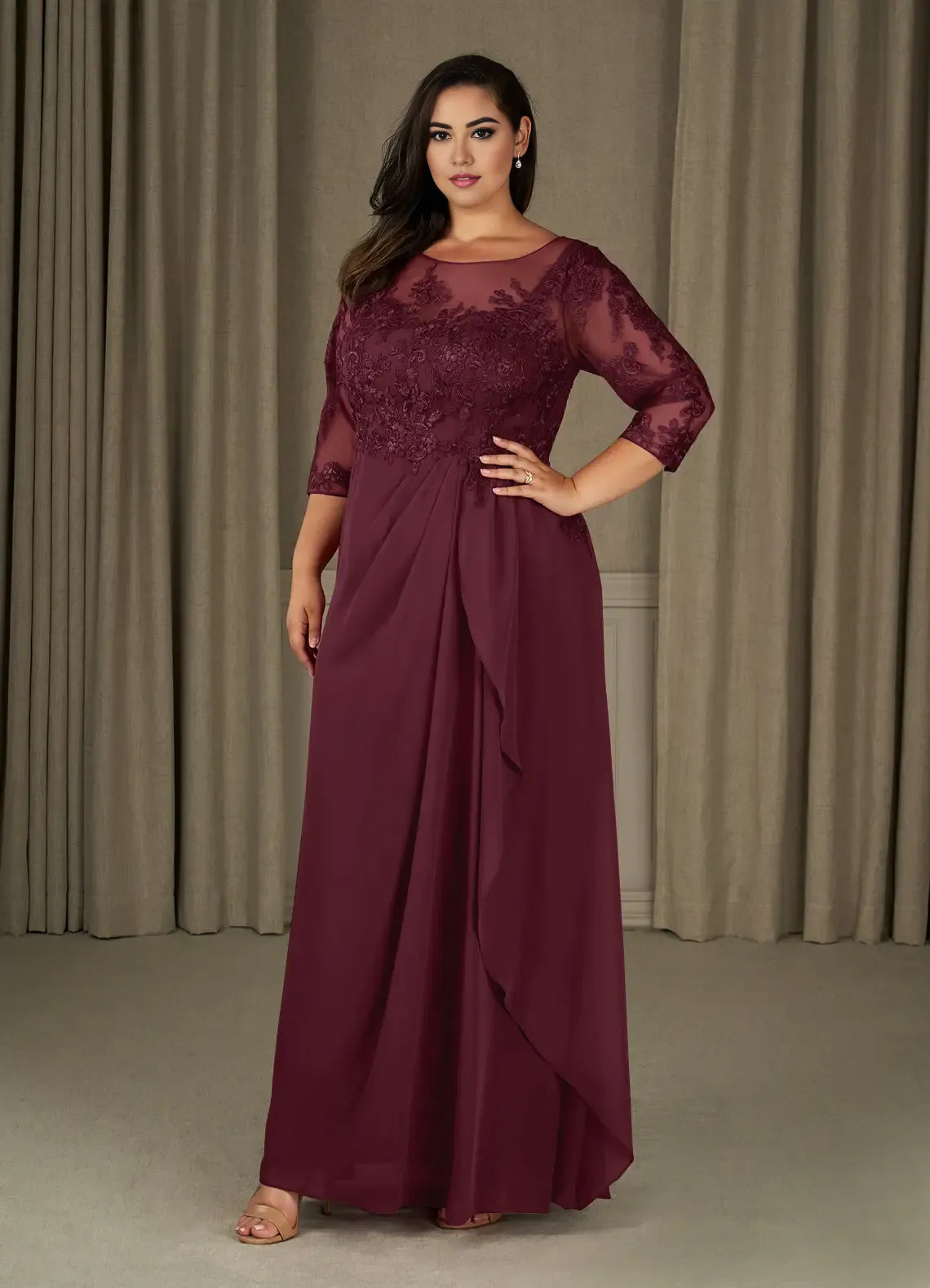 Dress Champagne A-Line Scoop Chiffon Mother Of The Bride Evening Dress Elegant Ruffle Three-Quarter Sleeve V Back Plus Size Mother Of The Bride Dress