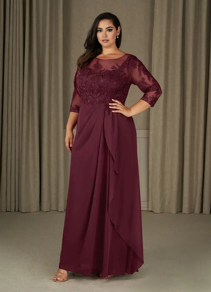 Dress Champagne A-Line Scoop Chiffon Mother Of The Bride Evening Dress Elegant Ruffle Three-Quarter Sleeve V Back Plus Size Mother Of The Bride Dress
