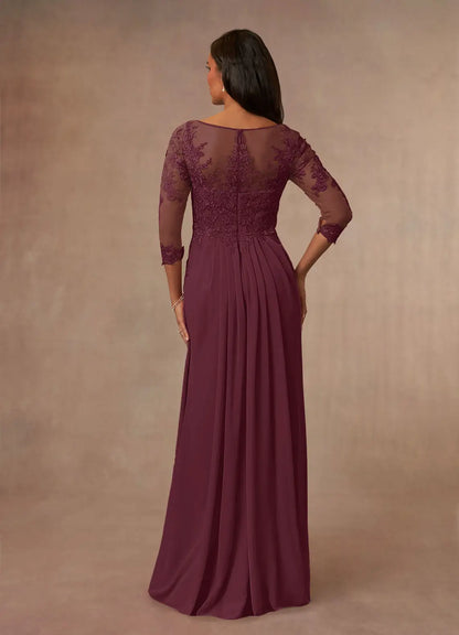 Dress Champagne A-Line Scoop Chiffon Mother Of The Bride Evening Dress Elegant Ruffle Three-Quarter Sleeve V Back Plus Size Mother Of The Bride Dress
