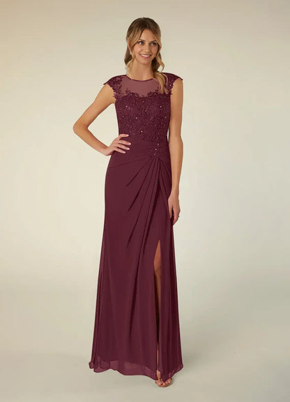 Dress Black A-Line Scoop Neck Sequins Chiffon Mother of the Groom Dresses Elegant Illusion Cap Sleeves Leg Slit Evening Dress